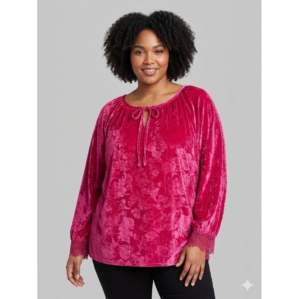 Pioneer Woman XXXL Pink Velvet Embossed Floral Top Tie Neck Lace Cuff NWT